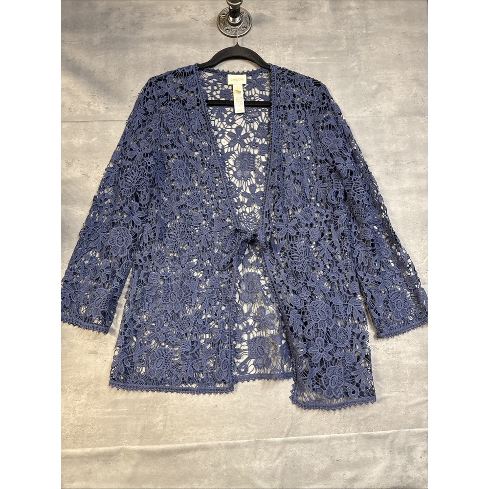 Chicos Sz1 blue floral lace open-front Boho cardigan Lace Tie Front